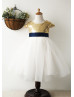 Cap Sleeves Gold Sequin Ivory Tulle Short Flower Girl Dress